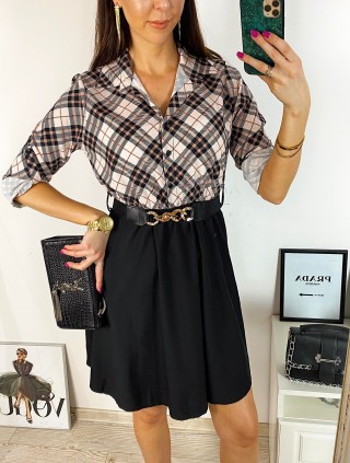 Rochie dama eleganta midi neagra cu pliuri si imprimeu carouri roz Half 