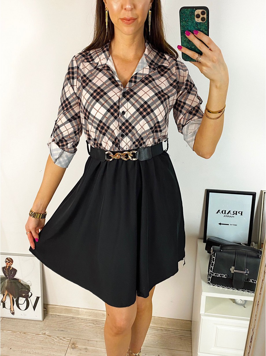 Rochie dama eleganta midi neagra cu pliuri si imprimeu carouri roz Half 