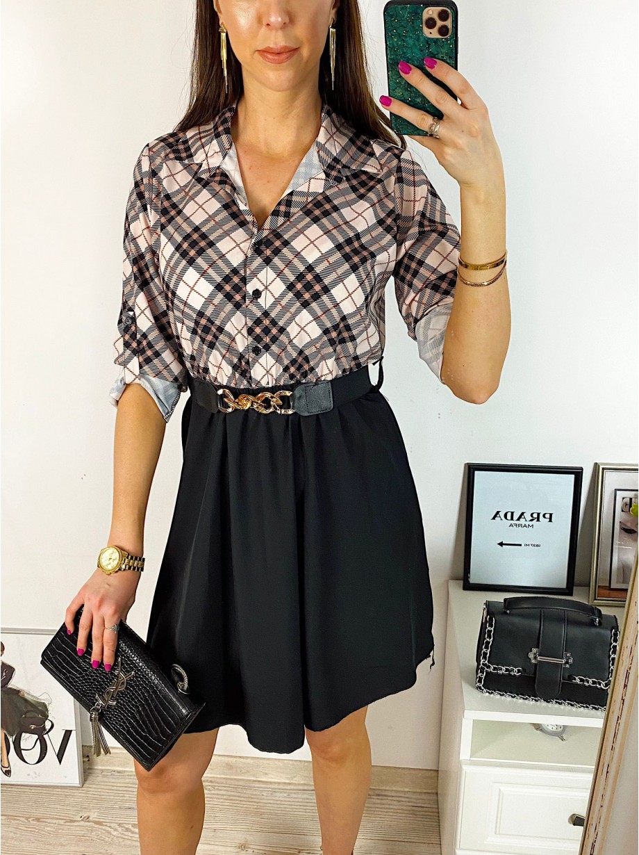 Rochie dama eleganta midi neagra cu pliuri si imprimeu carouri roz Half 