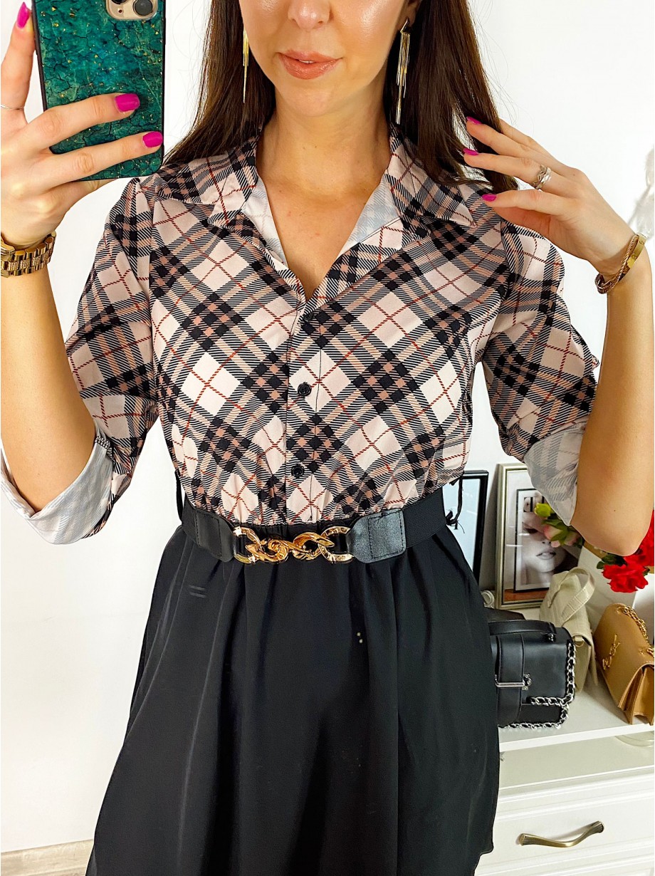 Rochie dama eleganta midi neagra cu pliuri si imprimeu carouri roz Half 