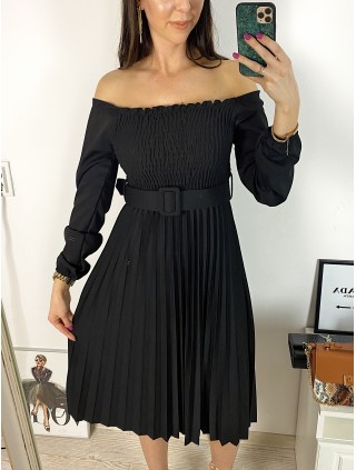 Rochie dama eleganta midi neagra cu pliuri si curea in talie