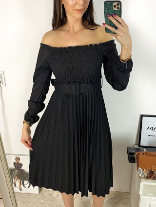 Rochie dama eleganta midi neagra cu pliuri si curea in talie