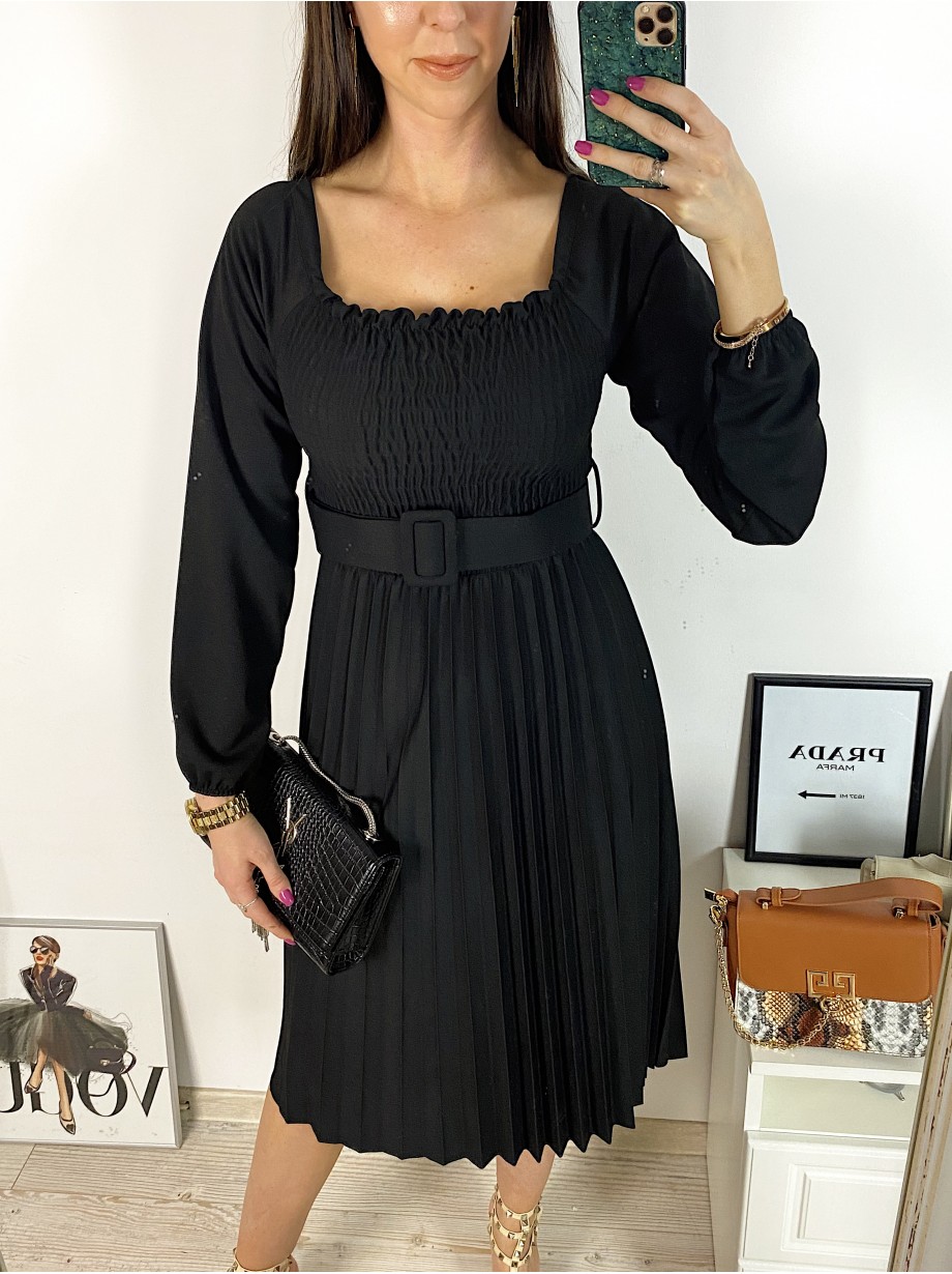 Rochie dama eleganta midi neagra cu pliuri si curea in talie