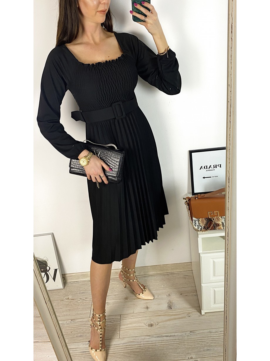 Rochie dama eleganta midi neagra cu pliuri si curea in talie