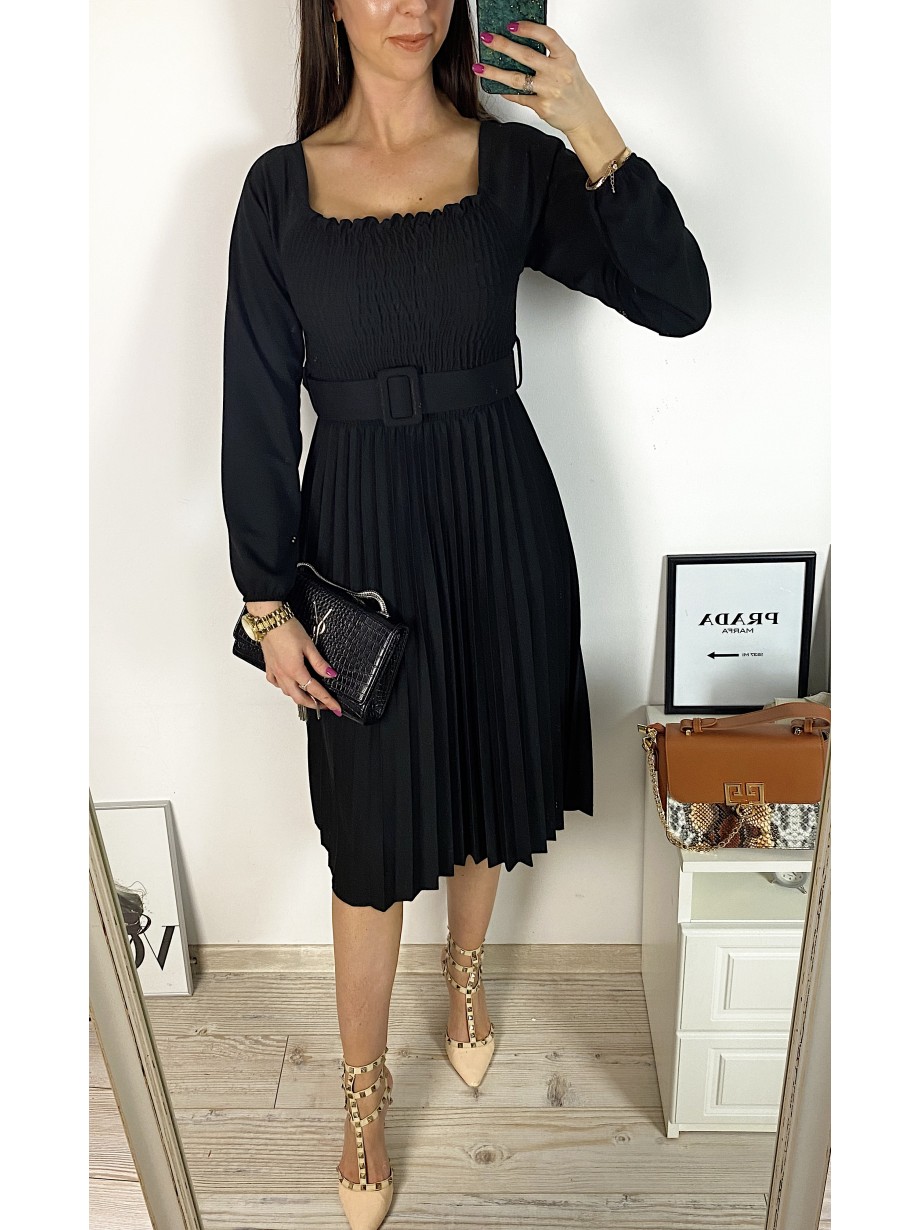 Rochie dama eleganta midi neagra cu pliuri si curea in talie