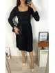Rochie dama eleganta midi neagra cu pliuri si curea in talie