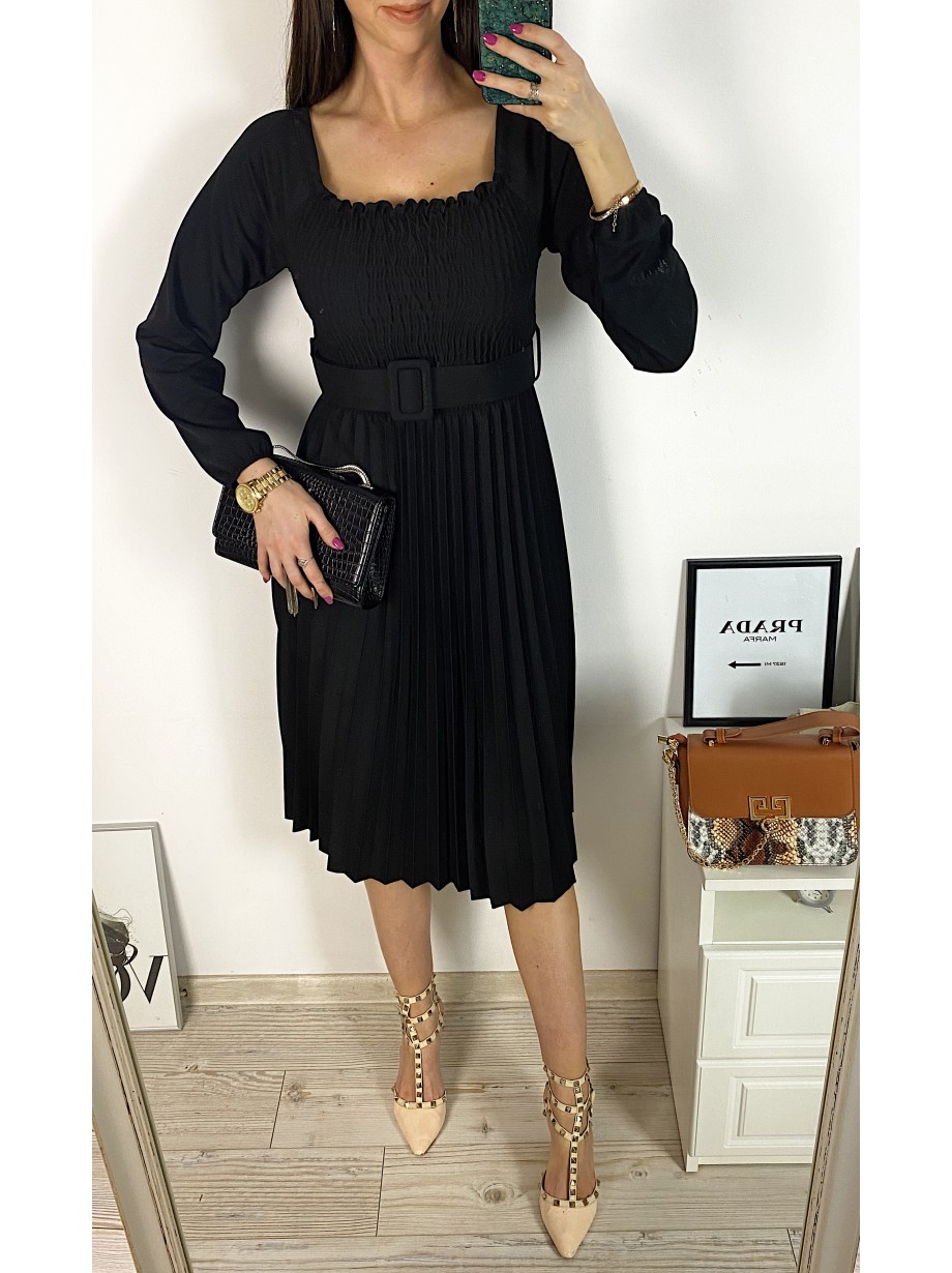 Rochie dama eleganta midi neagra cu pliuri si curea in talie