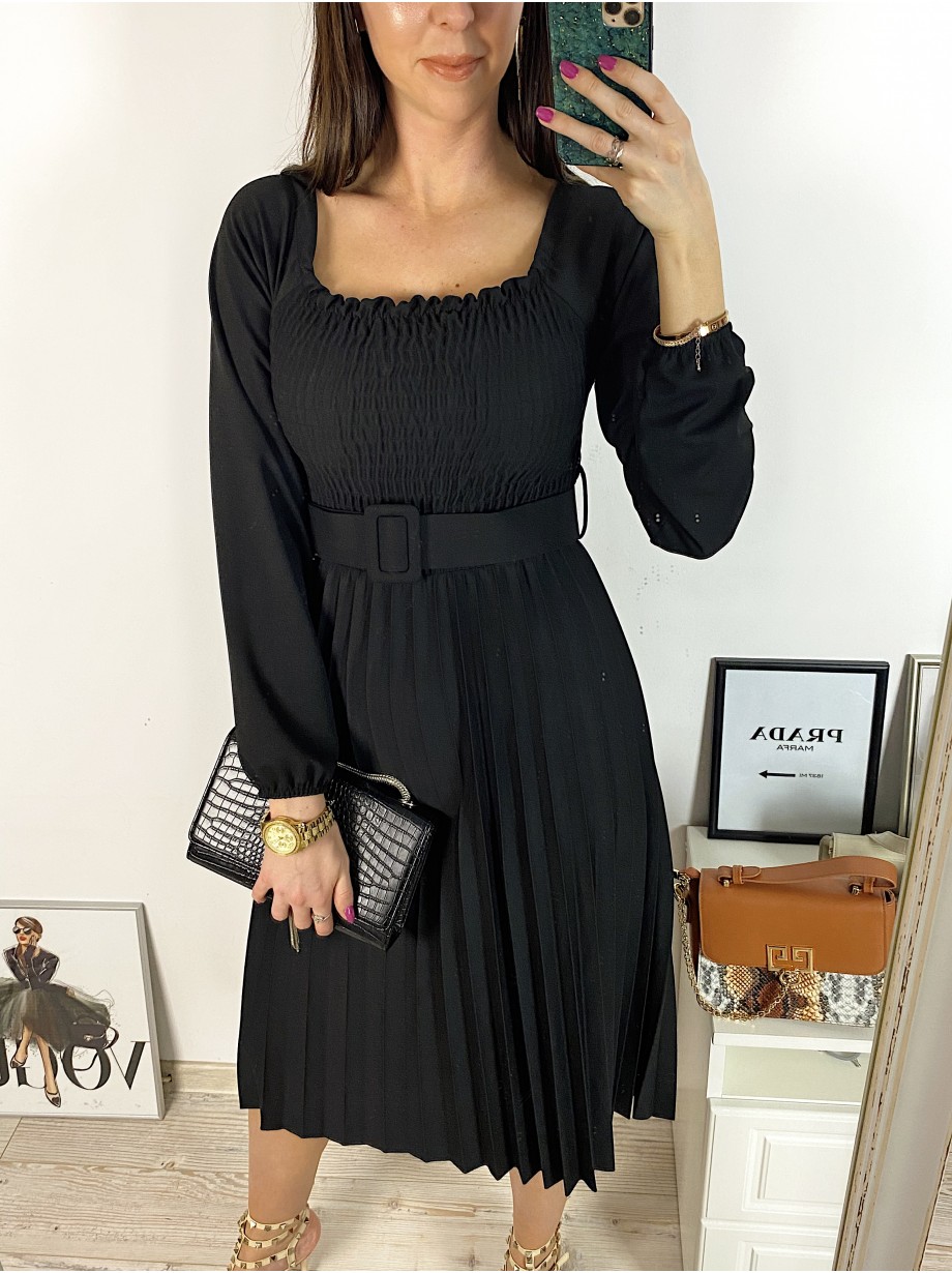 Rochie dama eleganta midi neagra cu pliuri si curea in talie