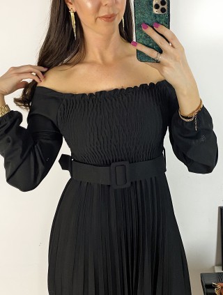 Rochie dama eleganta midi neagra cu pliuri si curea in talie