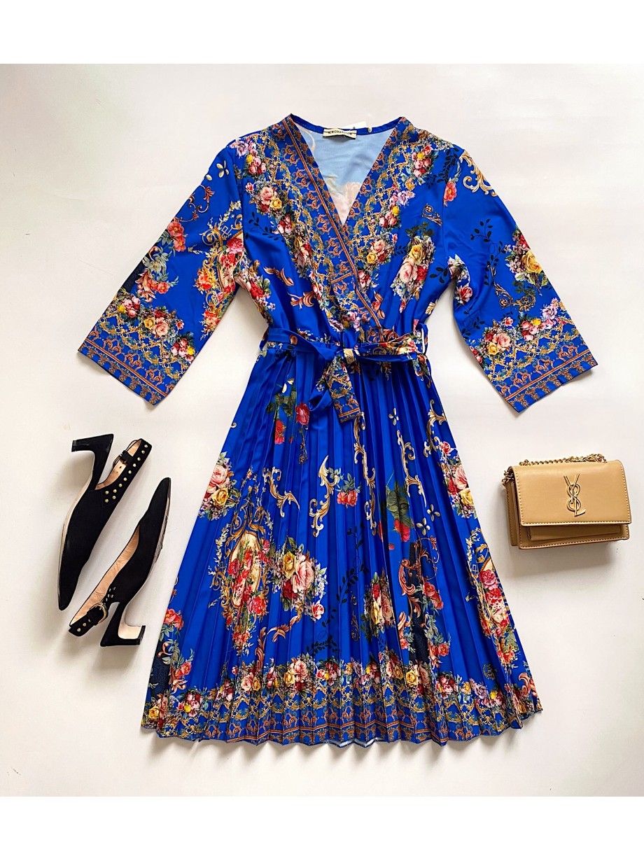 Rochie dama albastra de zi midi cu pliuri si imprimeu flori vintage