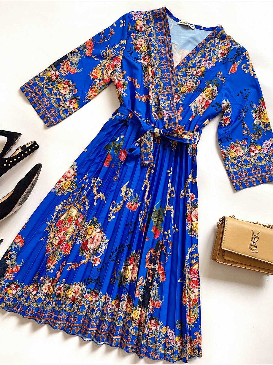 Rochie dama albastra de zi midi cu pliuri si imprimeu flori vintage