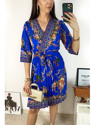 Rochie dama albastra de zi midi cu pliuri si imprimeu flori vintage