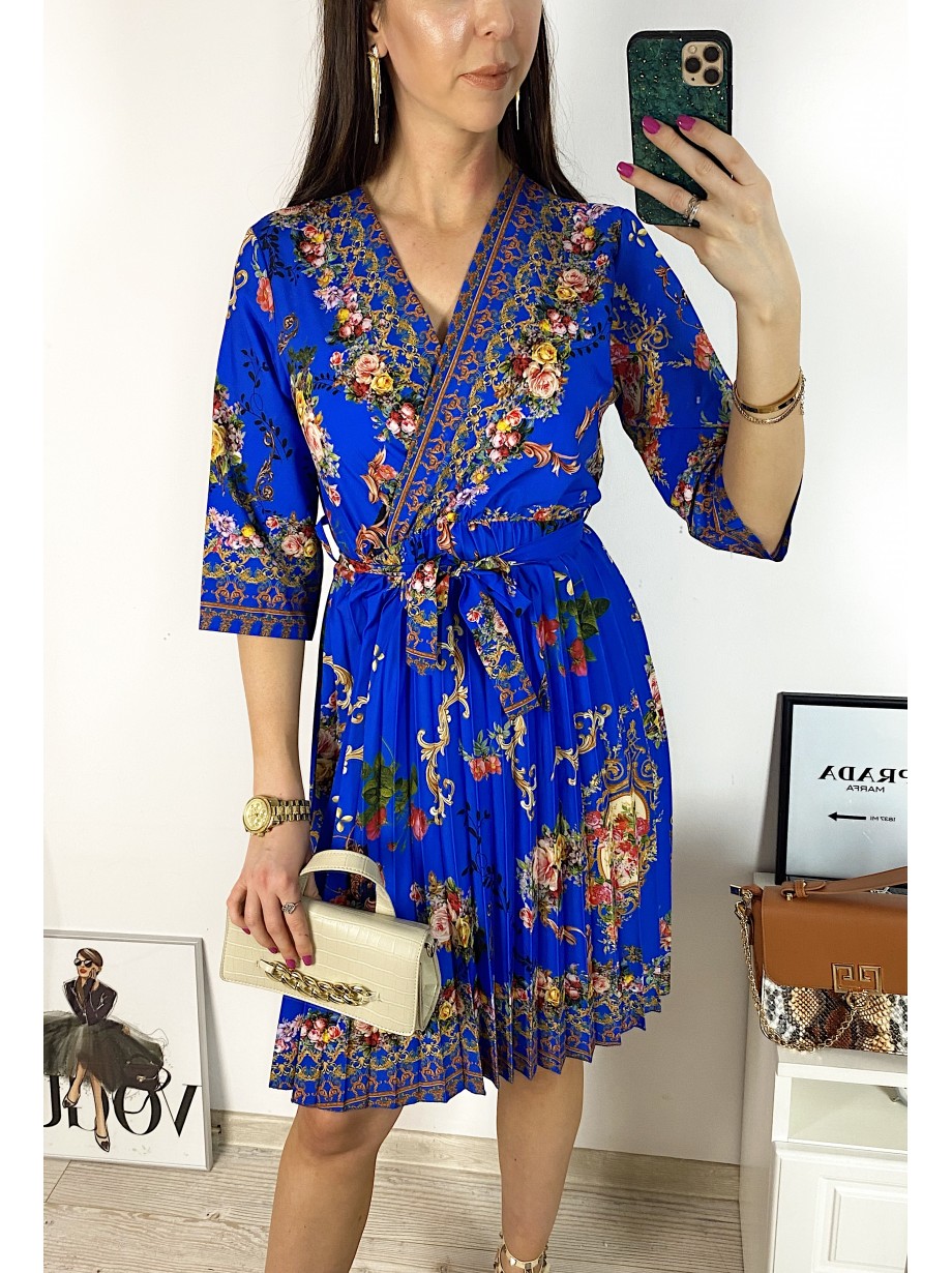 Rochie dama albastra de zi midi cu pliuri si imprimeu flori vintage