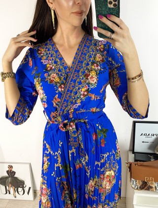 Rochie dama albastra de zi midi cu pliuri si imprimeu flori vintage