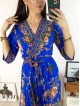 Rochie dama albastra de zi midi cu pliuri si imprimeu flori vintage
