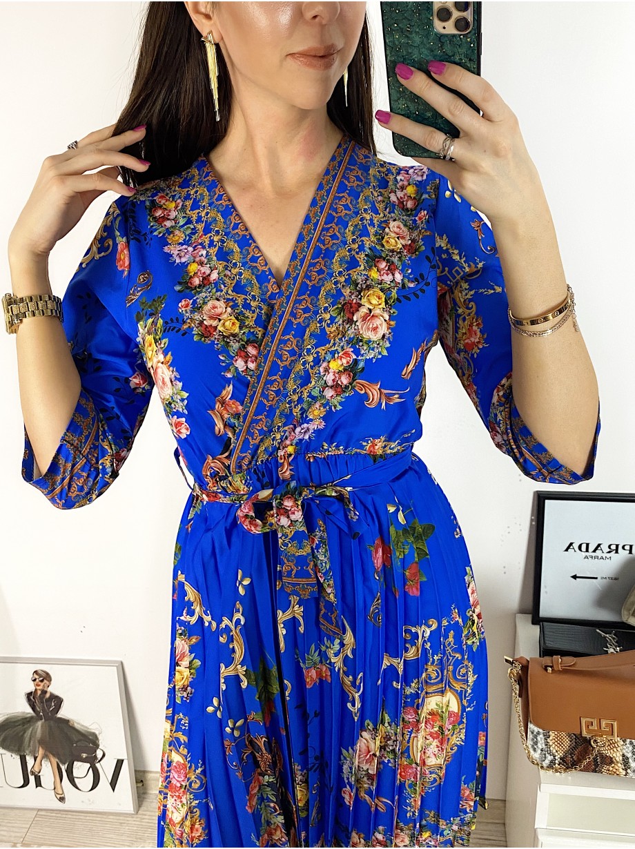 Rochie dama albastra de zi midi cu pliuri si imprimeu flori vintage