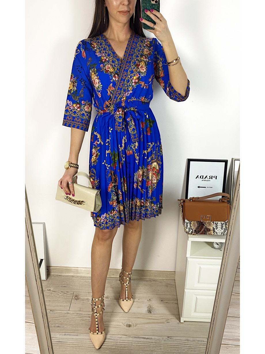 Rochie dama albastra de zi midi cu pliuri si imprimeu flori vintage