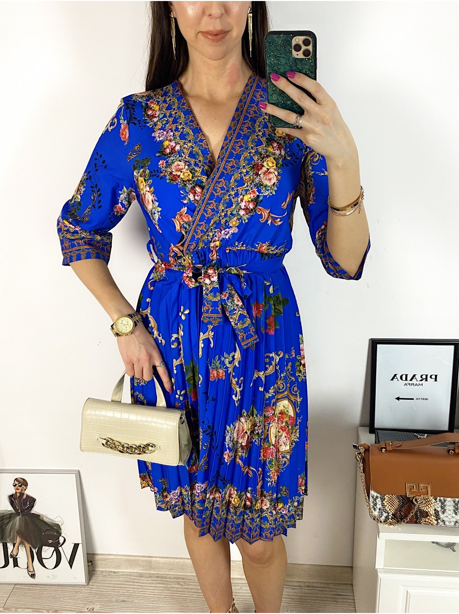 Rochie dama albastra de zi midi cu pliuri si imprimeu flori vintage