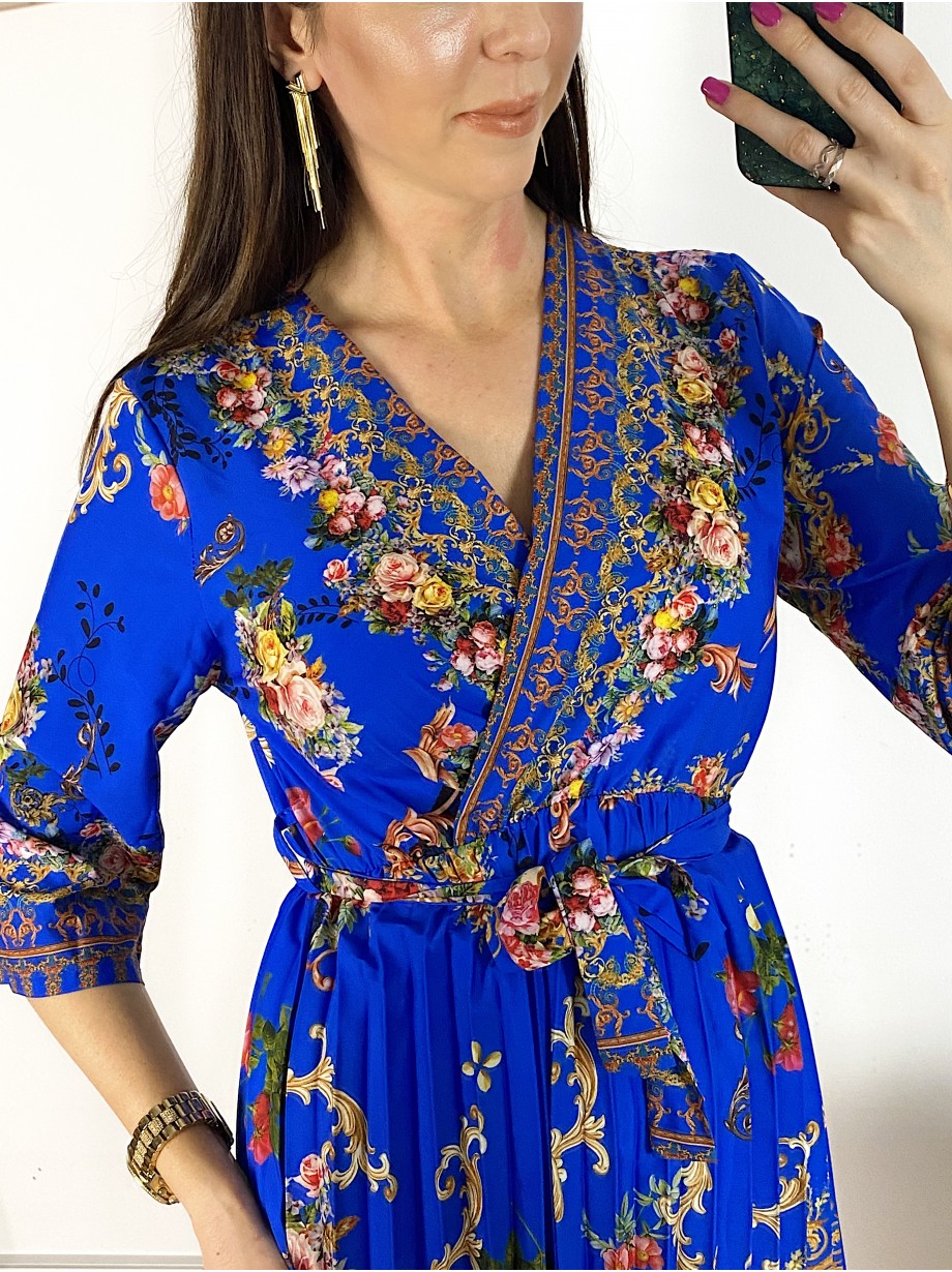 Rochie dama albastra de zi midi cu pliuri si imprimeu flori vintage