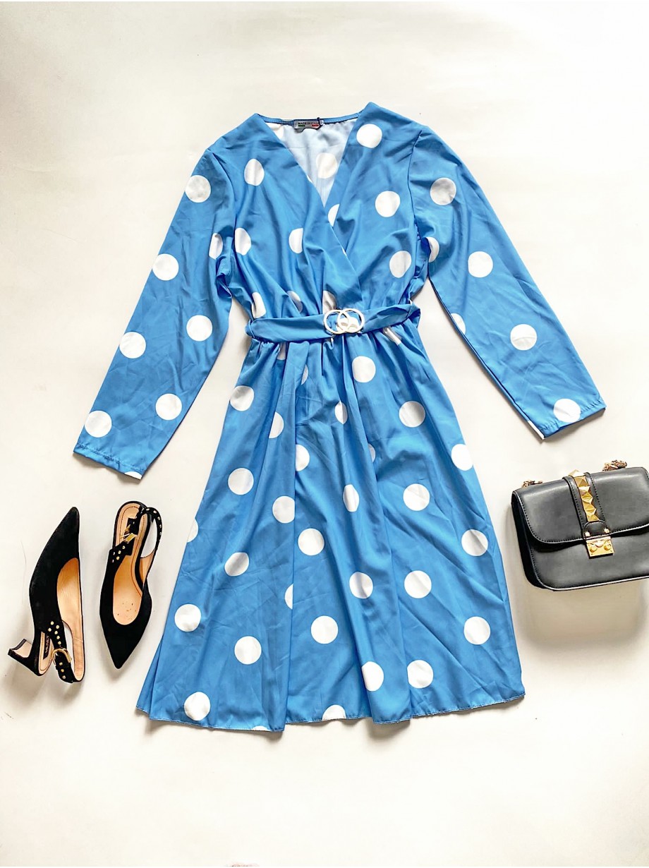 Rochie midi casual albastra cu imprimeu buline si maneci lungi