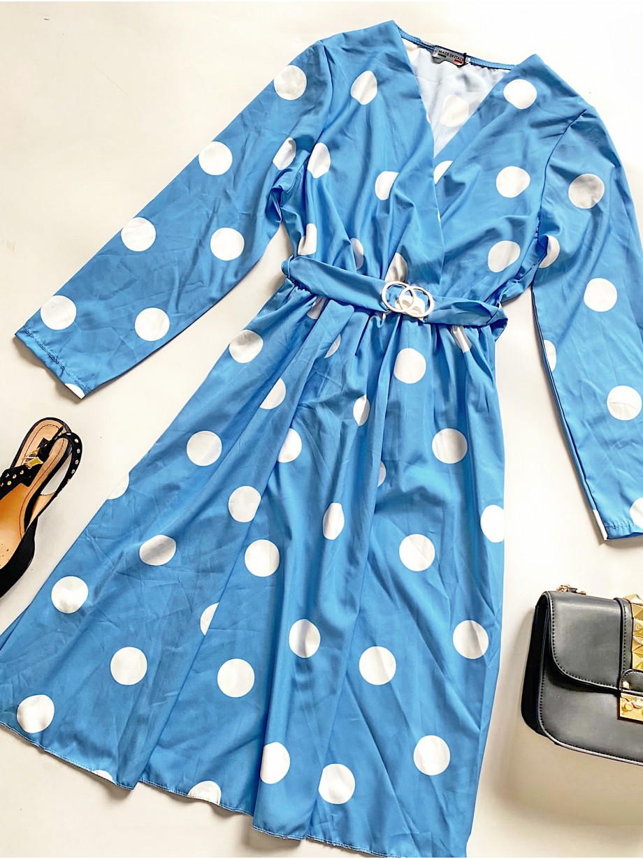 Rochie midi casual albastra cu imprimeu buline si maneci lungi
