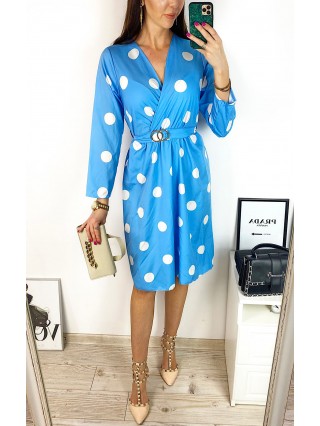 Rochie midi casual albastra cu imprimeu buline si maneci lungi