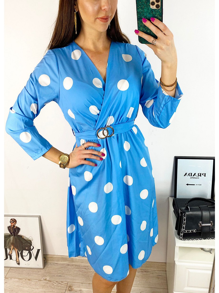 Rochie midi casual albastra cu imprimeu buline si maneci lungi