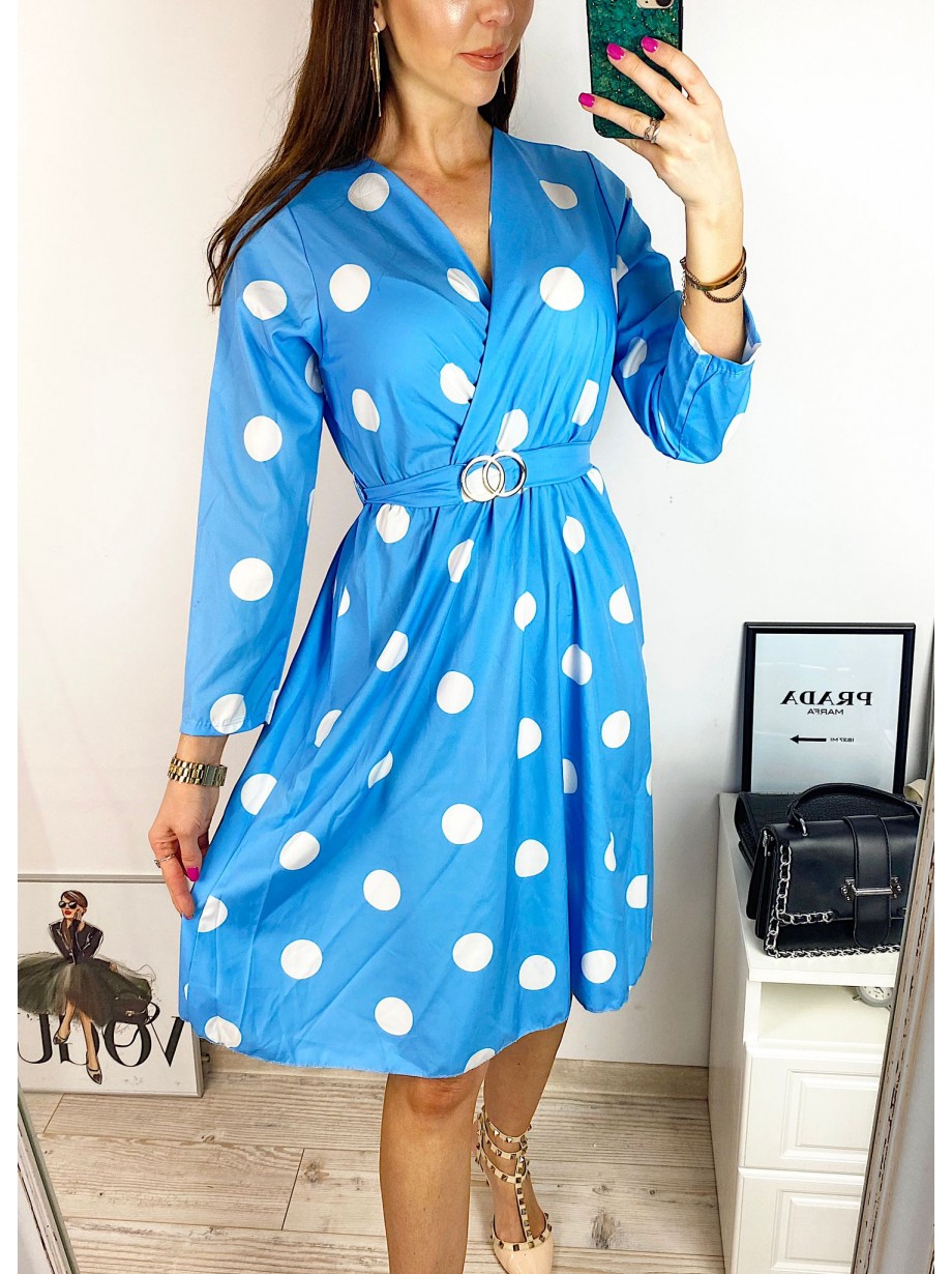 Rochie midi casual albastra cu imprimeu buline si maneci lungi