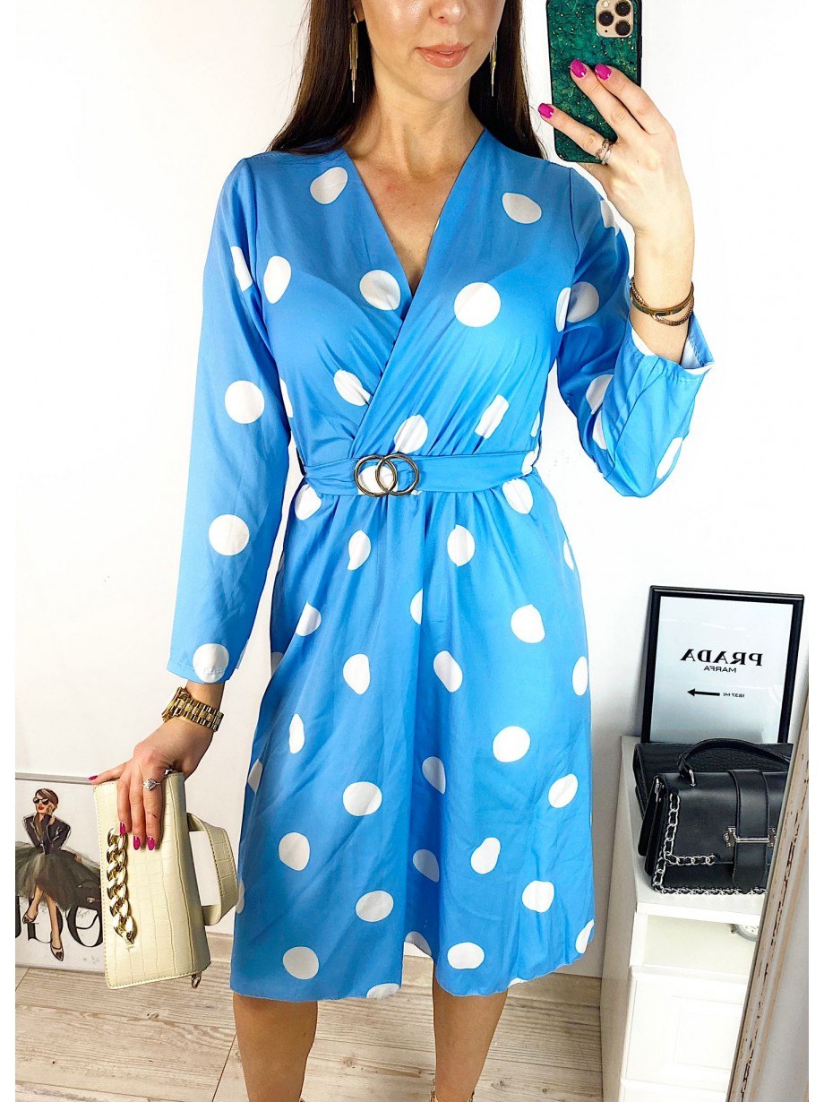 Rochie midi casual albastra cu imprimeu buline si maneci lungi