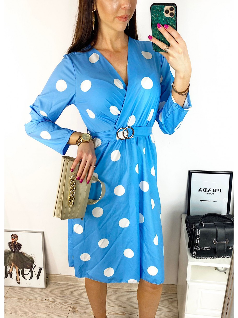 Rochie midi casual albastra cu imprimeu buline si maneci lungi