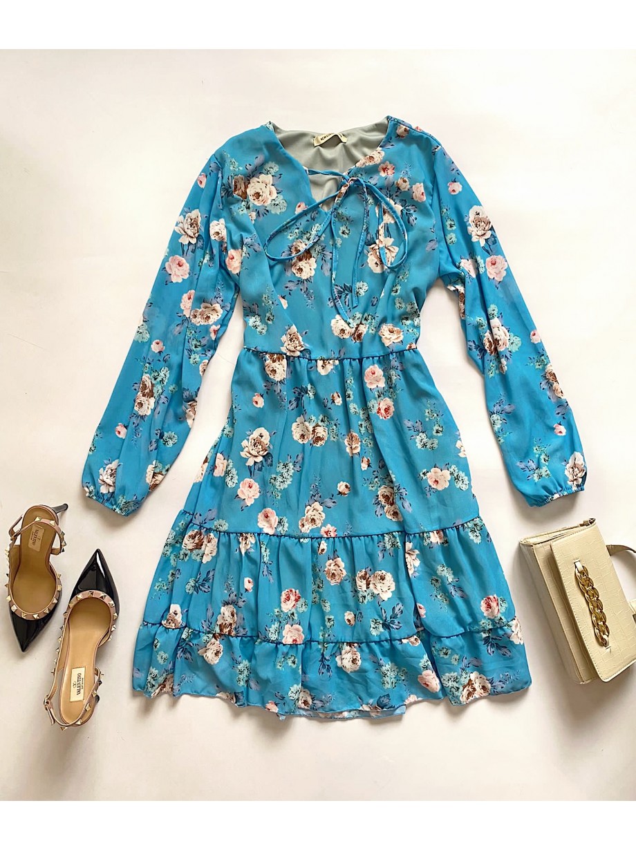 Rochie eleganta scurta albastra cu volanase, maneci lungi si flori mici