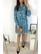 Rochie eleganta scurta albastra cu volanase, maneci lungi si flori mici