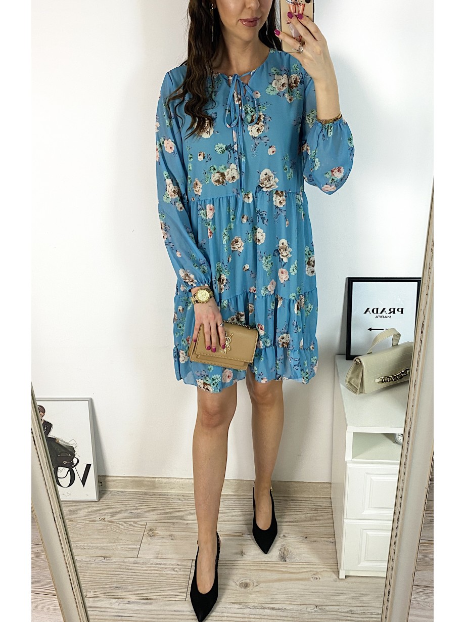 Rochie eleganta scurta albastra cu volanase, maneci lungi si flori mici