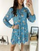 Rochie eleganta scurta albastra cu volanase, maneci lungi si flori mici