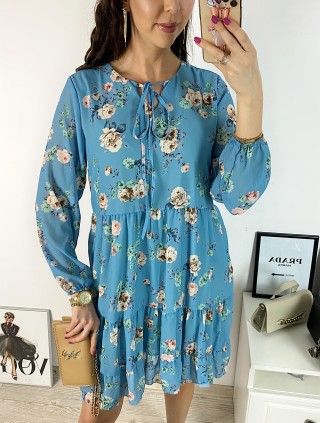 Rochie eleganta scurta albastra cu volanase, maneci lungi si flori mici