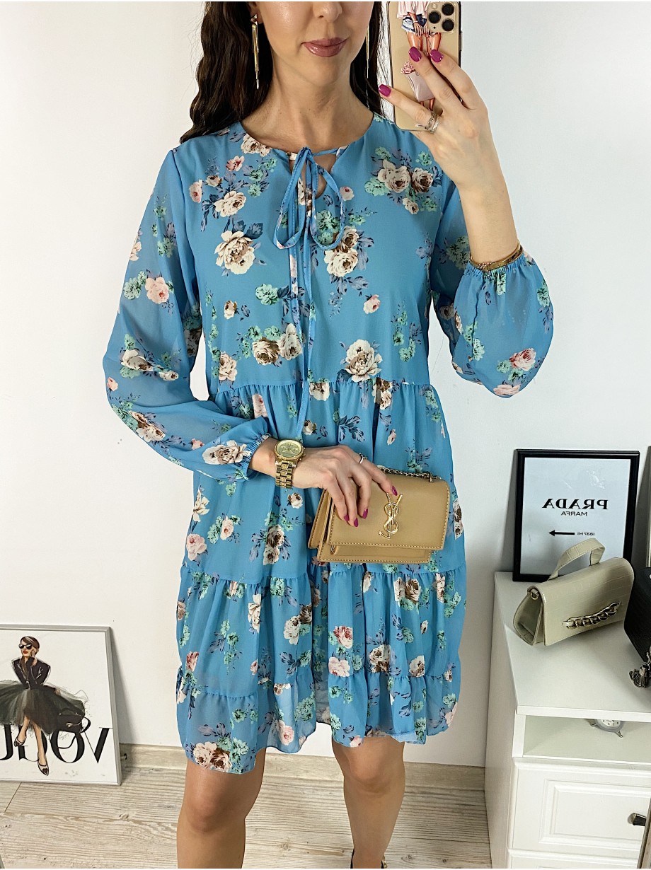 Rochie eleganta scurta albastra cu volanase, maneci lungi si flori mici