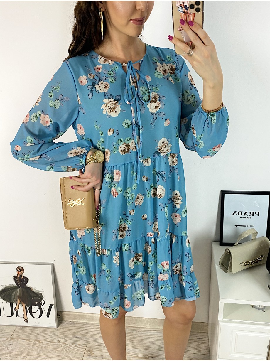 Rochie eleganta scurta albastra cu volanase, maneci lungi si flori mici