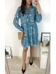 Rochie eleganta scurta albastra cu volanase, maneci lungi si flori mici