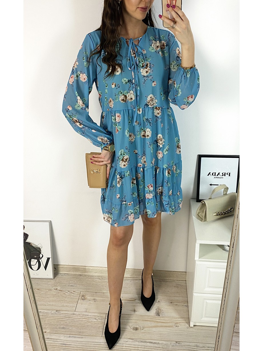 Rochie eleganta scurta albastra cu volanase, maneci lungi si flori mici