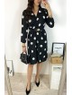 Rochie midi casual neagra cu imprimeu buline si maneci lungi