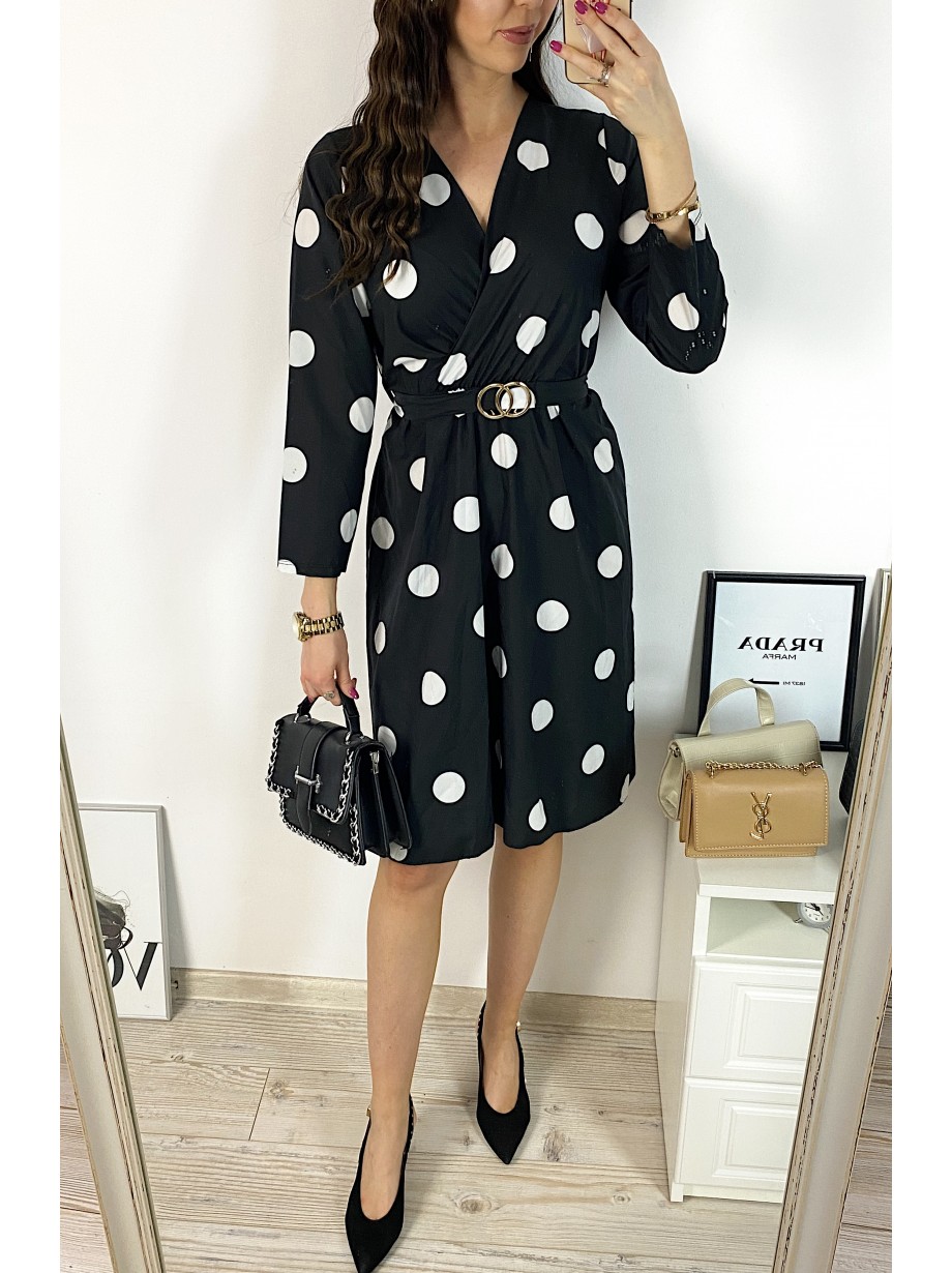 Rochie midi casual neagra cu imprimeu buline si maneci lungi