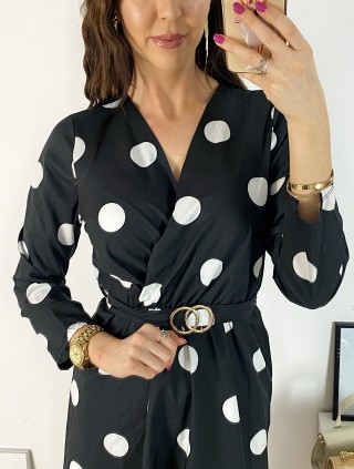 Rochie midi casual neagra cu imprimeu buline si maneci lungi