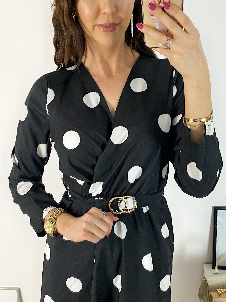 Rochie midi casual neagra cu imprimeu buline si maneci lungi