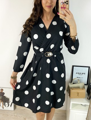 Rochie midi casual neagra cu imprimeu buline si maneci lungi