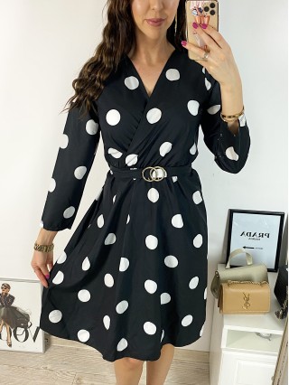 Rochie midi casual neagra cu imprimeu buline si maneci lungi