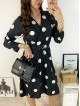 Rochie midi casual neagra cu imprimeu buline si maneci lungi