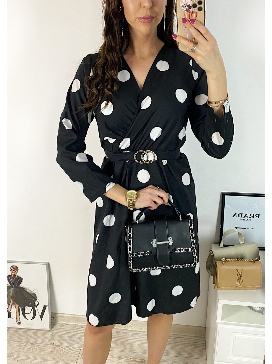 Rochie midi casual neagra cu imprimeu buline si maneci lungi