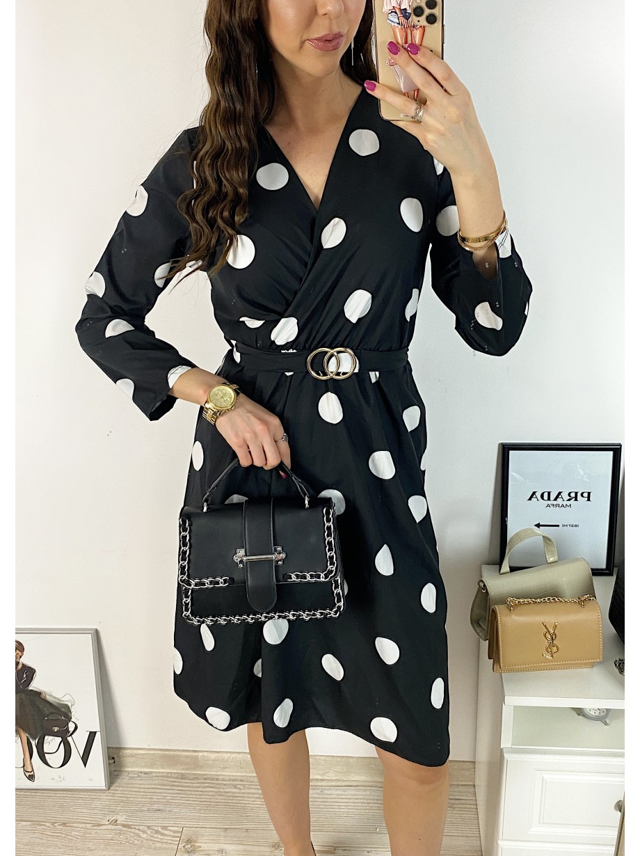 Rochie midi casual neagra cu imprimeu buline si maneci lungi