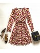 Rochie dama ieftina rosie midi cu pliuri si volanase si imprimeu multifloral