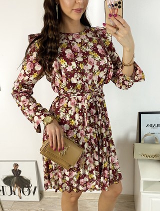 Rochie dama ieftina rosie midi cu pliuri si volanase si imprimeu multifloral